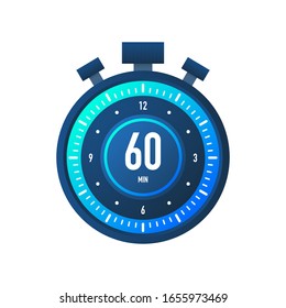 The 60 minutes, stopwatch vector icon. Stopwatch icon in flat style on a white background. Vector stock illustration.