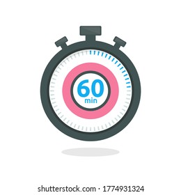 Die 60 Minuten, hör auf, Vektorsymbol zu sehen. Stoppen Sie die Uhr Symbol im flachen Stil, 10 Minuten Timer auf Farbhintergrund. Vektorgrafik.