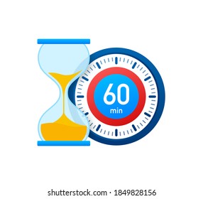 Die 60 Minuten, hör auf, Vektorsymbol zu sehen. Stoppen Sie die Uhr Symbol im flachen Stil, Timer auf Farbhintergrund. Vektorgrafik.