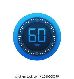 The 60 minutes, stopwatch vector icon. Stopwatch icon in flat style on a white background. Vector stock illustration.