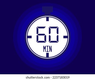 60 Minuten stoppen Uhr Vektorsymbol. Hör auf, das Symbol im Uhrzeigerstil zu sehen. Zeitplan für Termine und Termine auf blauem Hintergrund