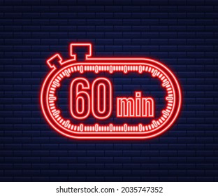 Los 60 minutos, paro el icono del neón vector vector. Icono de Stopwatch en estilo plano, temporizador en fondo de color. Ilustración vectorial.