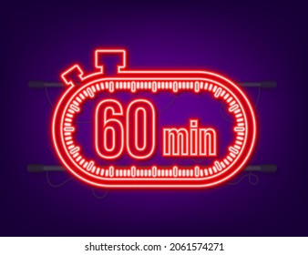 The 60 minutes, stopwatch vector neon icon. Stopwatch icon in flat style, timer on on color background. Vector illustration