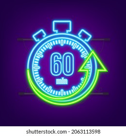 The 60 minutes, stopwatch vector neon icon. Stopwatch icon in flat style, timer on on color background. Vector illustration