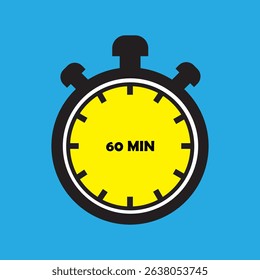 60 Minutes Timer Icon, Modern Flat Design. Clock, Stopwatch, Chronometer Showing Sixty Minutes or one hours Label. Cooking time, Countdown Indication.