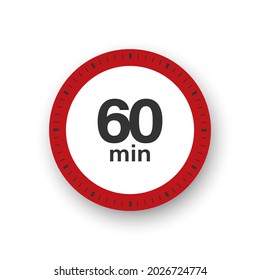 60 minutes timer. Stopwatch symbol in flat style. Editable isolated vector illustration.