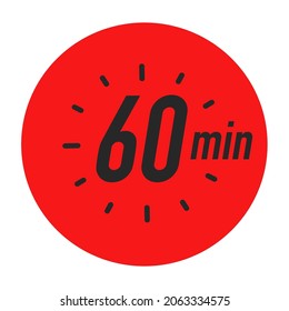 60 minutes timer symbol red color style isolated on white background. 1 hour clock, stopwatch, cooking time label, sport icon. Vector 10 eps