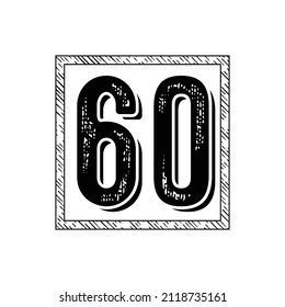 60 number classic american, college style font. Uniform letter in black with a black outside contour line. Vintage sport font.For jersey, t-shirt, basketball, baseball, football. Isolated vector