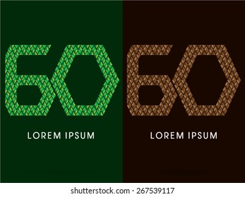 60 ,Number, font, concept leaf and rock, designed using green and brown colors tone geometric shape on dark background, sign ,logo, symbol, icon, graphic, vector.