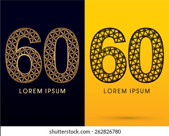 60 ,Number, Luxury font, designed using gold and black triangle geometric shape. on dark and yellow  background, sign ,logo, symbol, icon, graphic, vector.