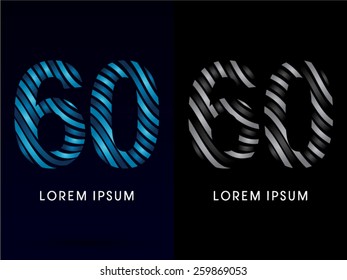 60 ,Number ,modern wave  font ,designed using blue and black line on dark background, concept move, wave, water, freestyle, zebra line, fantasy ,logo, symbol, icon, graphic, vector.