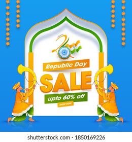 UP TO 60% Off For 26th January Republic Day Sale Poster Design With Traditional Tutari Players Characters.