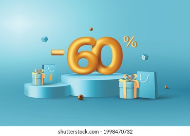 60% Off. 3D Gold Discount numbers on podium with shopping bag and gift box vector. Price off tag design on blue background vector illustration