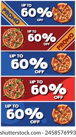 60 OFF, 5 Cupones de descuento para la compra de pizzas, azul y rojo.