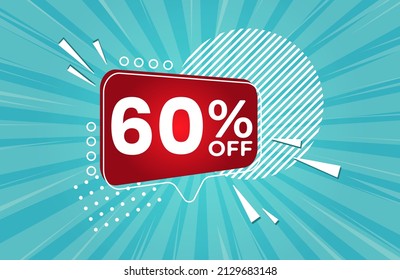 60% off. Blue banner with 60 percent discount on a red balloon for mega big sales.  