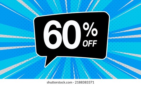 60% off. Blue banner with sixty percent discount on a black balloon for mega big sales.