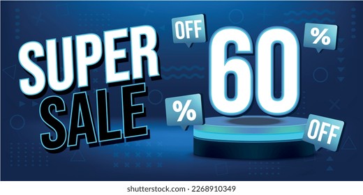 60% off. Blue banner with sixty percent off on a blue podium for super mega big sales.