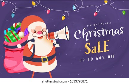 UP TO 60% Off for Christmas Sale Banner Design with Cartoon Santa Claus Holding Loudspeaker and Heavy Gift Bag.