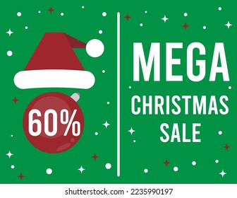60% Off. Christmas sale banner and discount design. Vector template with Santa Claus hat and christmas balls.