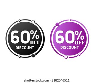 60% off, circle discount tag icon collection. Set of Black and purple sale labels. vector illustration, 