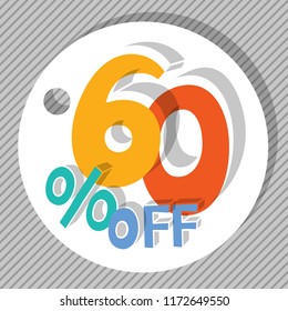 60 % off. Colorful sixty percent symbol on white round label with grey striped background. Hand drawn funny retro design for flyer, poster, banner, icon or header. Vector EPS10