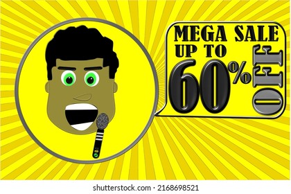60% off. Discount banner for mega big sales, announcer puppet announcing the sixty percent discount offers on yellow balloon, yellow striped screen background.