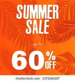 60% de descuento. Una brillante ilustración vectorial de un anuncio de venta de verano con una fuente fantástica y un hermoso fondo naranja con hojas tropicales.