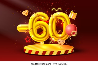 60% Off. Discount creative composition. 3d Golden sale symbol with decorative objects, heart shaped balloons, golden confetti, podium and gift box. Sale banner and poster. Vector illustration.