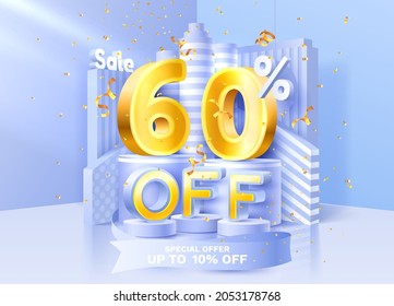 60 Off. Discount creative composition. 3d sale symbol with decorative objects, golden confetti, podium and gift box. Sale banner and poster. Vector illustration.