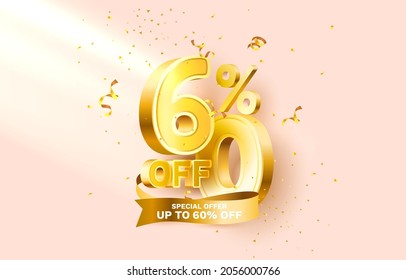 60 Off. Discount creative composition. 3d sale symbol with decorative objects, golden confetti, podium and gift box. Sale banner and poster. Vector illustration.