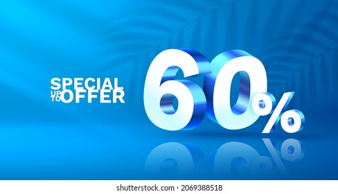 60 Off. Discount creative composition. 3d sale symbol with decorative objects, golden confetti, podium and gift box. Sale banner and poster. Vector illustration.
