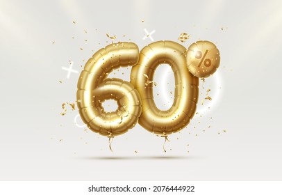 60 Off. Discount creative composition. 3d Golden sale symbol with decorative objects, heart shaped balloons, golden confetti, podium and gift box. Sale banner and poster. Vector illustration.