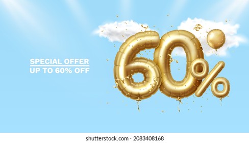 60 Off. Discount creative composition. 3d Golden sale symbol with decorative objects, heart shaped balloons, golden confetti, podium and gift box. Sale banner and poster. Vector illustration.