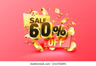 60 Off. Discount creative composition. 3d sale symbol with decorative objects, golden confetti, podium and gift box. Sale banner and poster. Vector illustration.