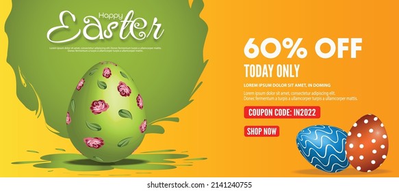 60% off Discount Easter sale poster or banner template with Colorful Painted Easter Eggs. Vector illustration.