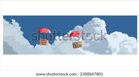 60% off. Discount falling by parachute. Editable percentage and text.