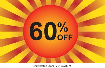 60 % de réduction. Remise sur votre prix. Numéro en couleur noire et arrière-plan composé d'un élément graphique représentant un soleil avec des rayons en rouge et jaune.eps