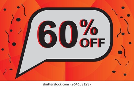 60% de desconto. Desconto no seu preço. Número preto com contorno laranja dentro de um balão branco e fundo laranja composto de elementos gráficos pretos.eps