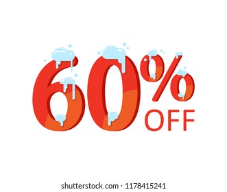 60% off. A discount of sixty percent. Numbers  in the snow. Winter sale, Christmas sale, holiday sale. Flat vector illustration