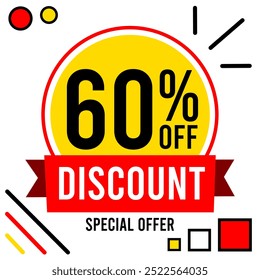 60% off discount 60 % off special offer sixty percent off discount 60%off Promotions with black and white numbers yellow ball circle and red drawings.eps