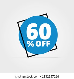 60% OFF. Discount Vector Graphic. Blue Circle in Black Frame. Light Grey Background. White Text. 