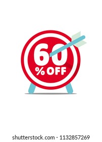 60% OFF. Discount Vector Graphic. Abstract Darts Shield with Arrow. Simple Design. White Background.
