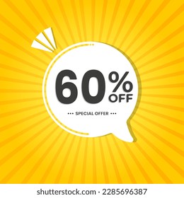 60% off. Discount vector for sales, labels, promotions, offers, stickers, banners, tags and web stickers. New offer. White discount balloon emblem on yellow background.