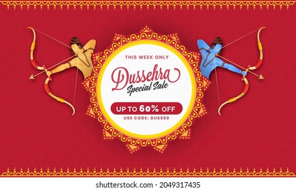 Bis zu 60 % Rabatt für Dussehra Werbebanner Design mit Lord Rama und seinem kleinen Bruder Lakshman Charakter.