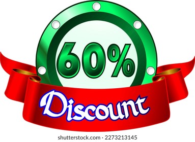 60% off, green disk and red ribbon, vector illustration for wholesale and retail, illustrative art, beautiful illustration, vector. God is good!