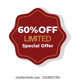 60 % off inscription Special offer golden color Limited with red abstract figure on white background. Vector illustration