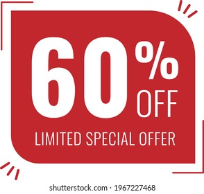 60% off limited special offer. Banner with sixty percent discount on a red square balloon.