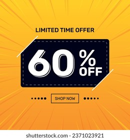 60% APAGADO. Oferta de tiempo limitado. Superdescuento. Oferta Especial de Promoción de Descuentos. Descuento del 50%. Plantilla de banner cuadrado amarillo.	