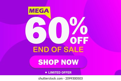 60% de descuento mega. 60% fuera de venta. Banner para venta rápida, promoción, oferta y descuentos. Banner colorido, gradiente morado y rosa. Ilustración vectorial EPS 10