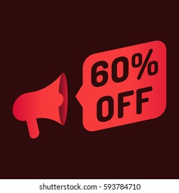 60% off. Megaphone icon. Vector illustration on dark background. Can be used business company for sale season or for black friday.